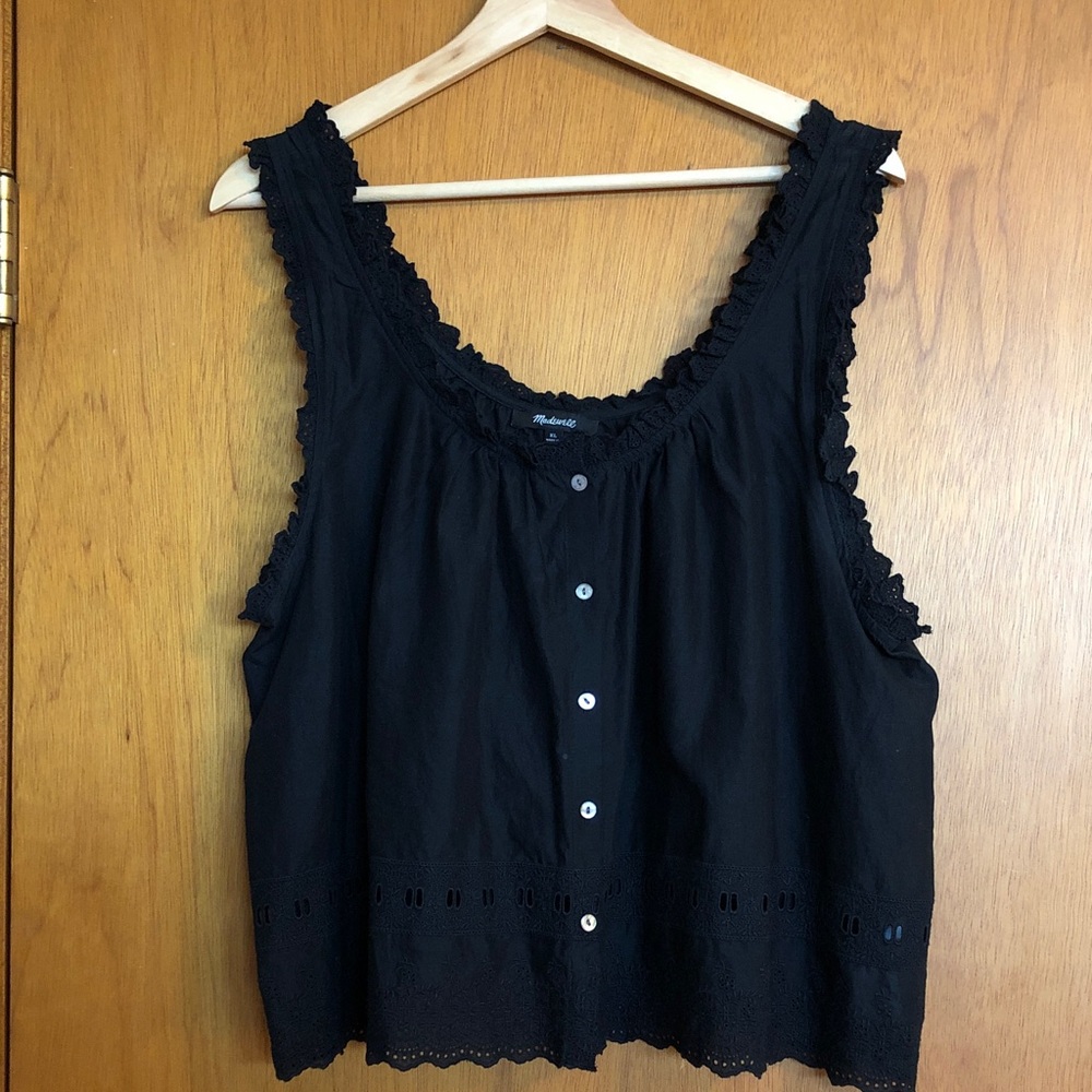 Madewell Black Embroidered Ruffle-Trim Top